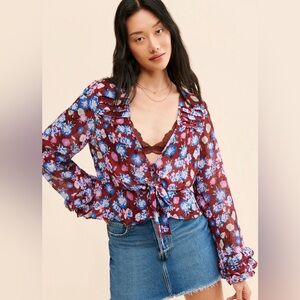 Boho Free People Maybel Floral Tie Front Blouse
